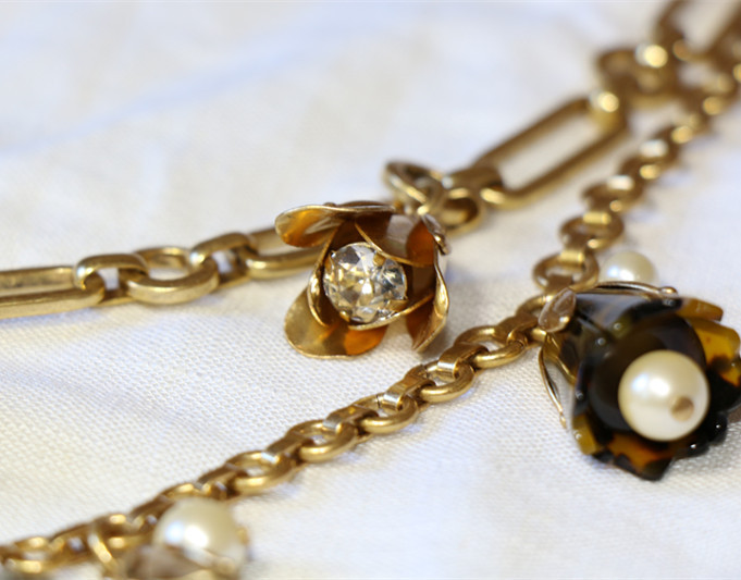 欧美外贸饰品jcr仿玳瑁纯铜爪镶花朵吊坠双层复杂款项链