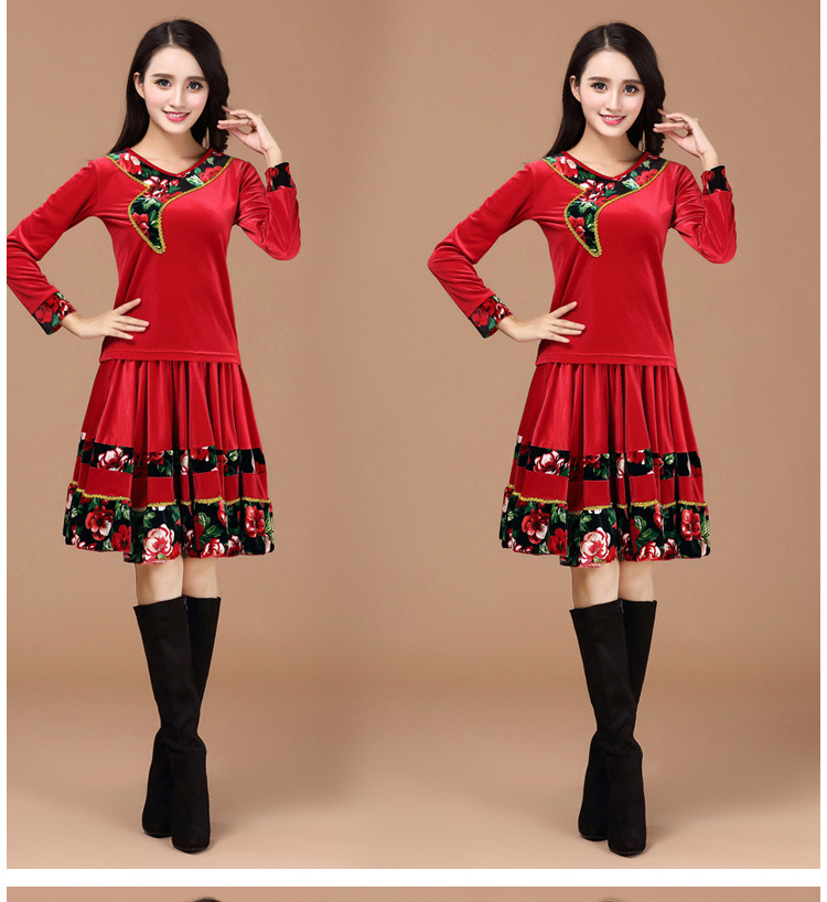 冬季广场舞套装 金丝绒女款服装中老年大码舞蹈服大裙摆批发