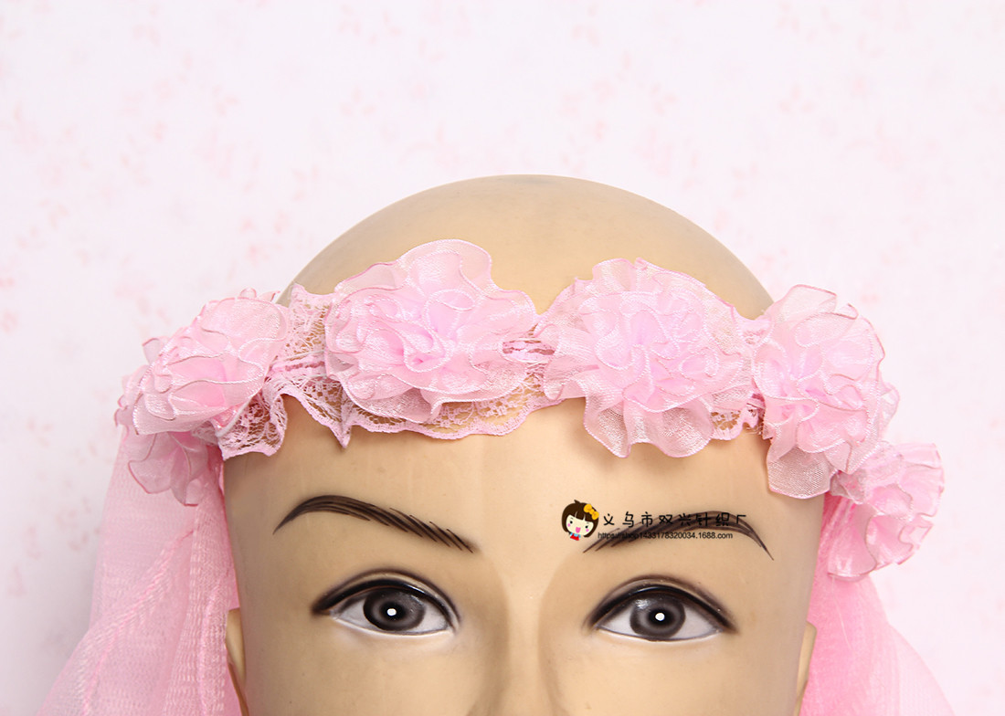 热销2016新款长款粉色花朵型带珍珠女童舞蹈演出网纱头纱 特价