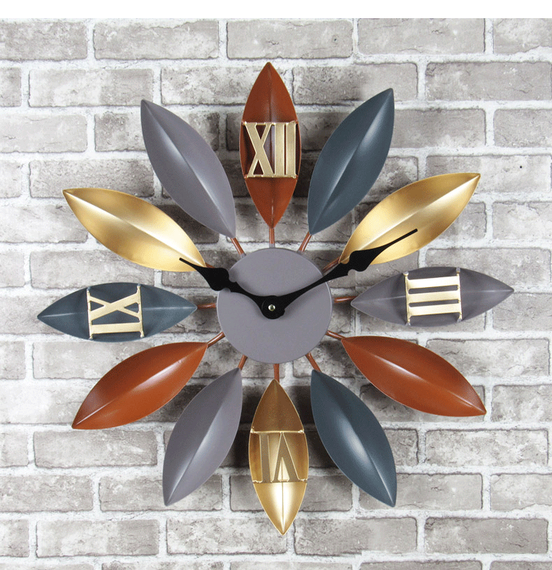 复古loft工业风铁艺叶子壁挂钟壁饰创意酒吧办公室咖啡馆装饰时钟