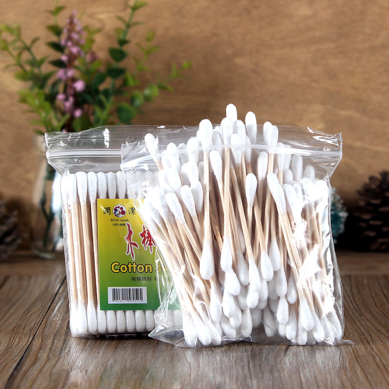 Makeup Nail Cleaning Beauty Tools Double-Headed Wooden Stick Cotton Swab Natural Birch Sanitary Cotton Stick 100 Pcs bags
