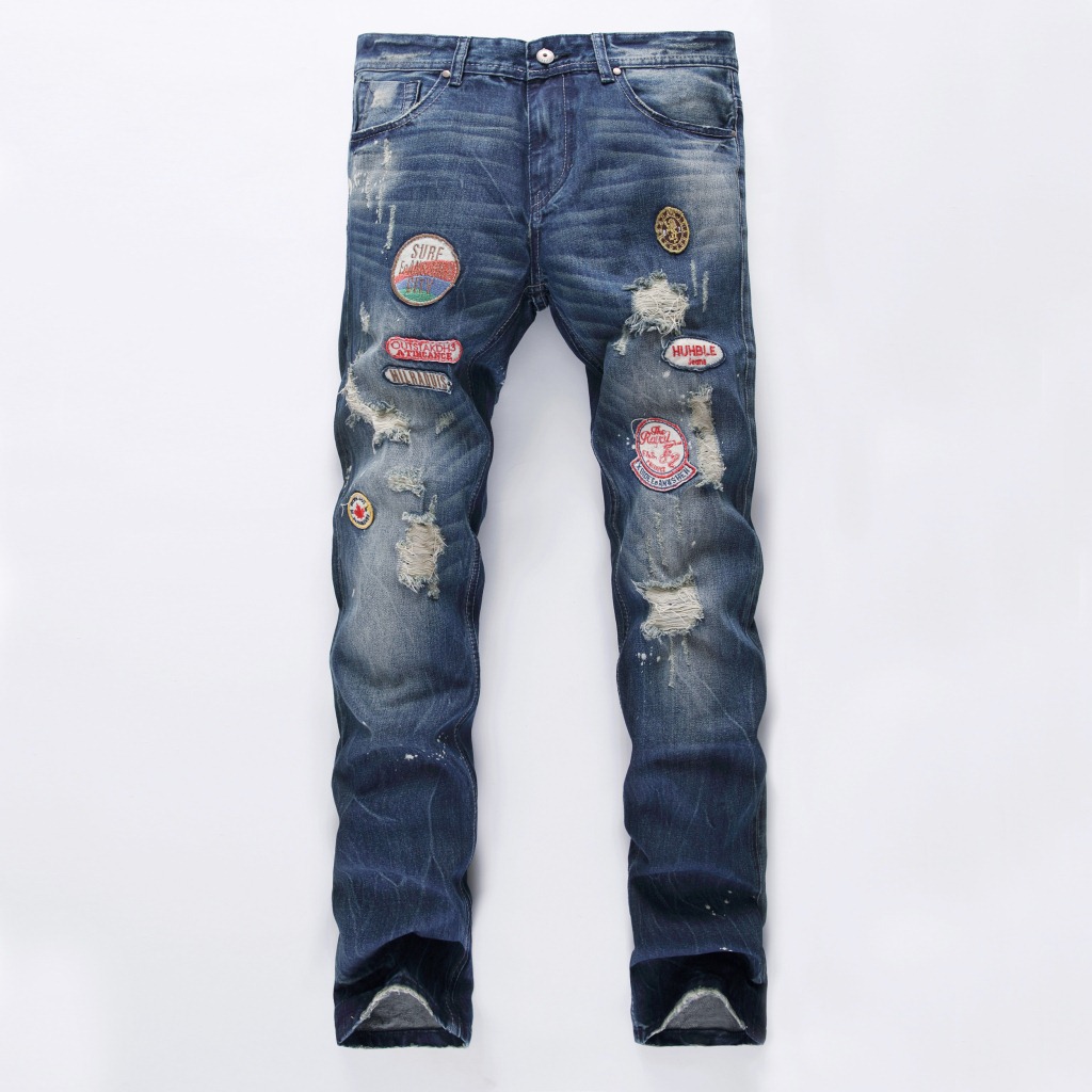 欧美外贸男装牛仔裤破洞磨白修身直筒牛仔裤男潮牌一件代发男裤长