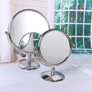 供应高档不锈钢双面360度旋转化妆镜 台式梳妆圆形大镜子批发