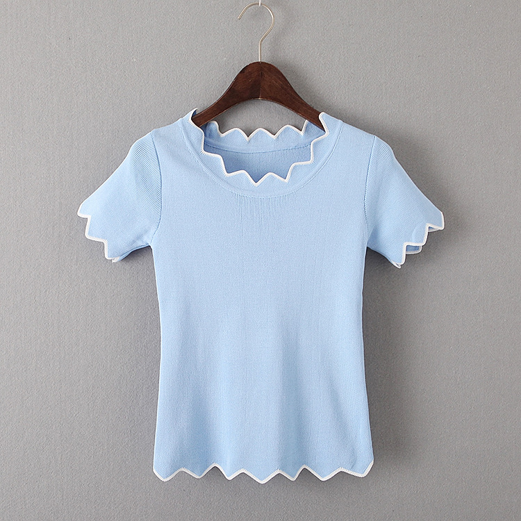 厂家直销2016夏装韩版波浪领t恤不规则短袖冰丝针织女装批发y155