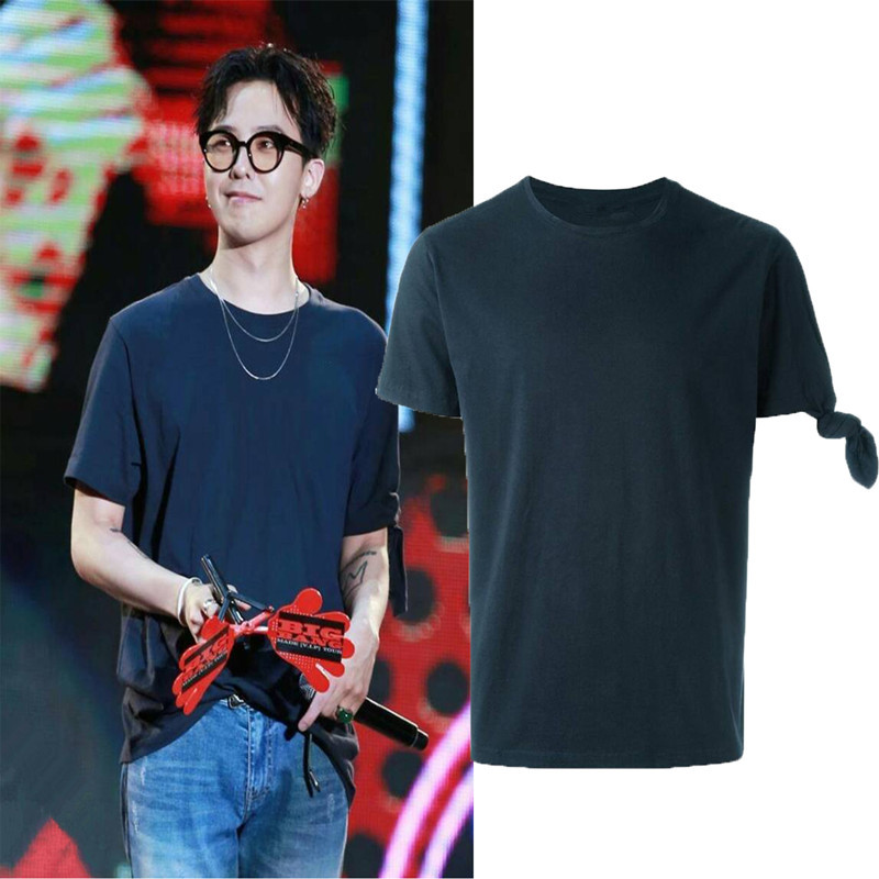 bigbang gd权志龙同款衣服圆领短袖袖打结纯色休闲男女情侣装t恤