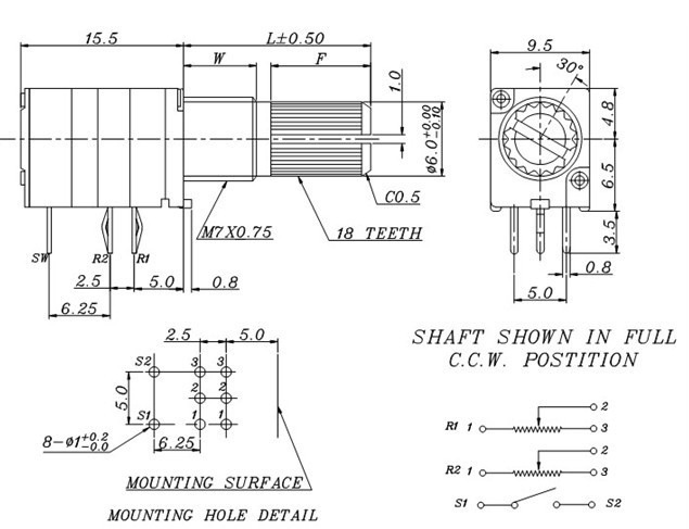 rv097g 双联电位器 密封电位器 b10k 8脚 10k 带开关 柄长15mm