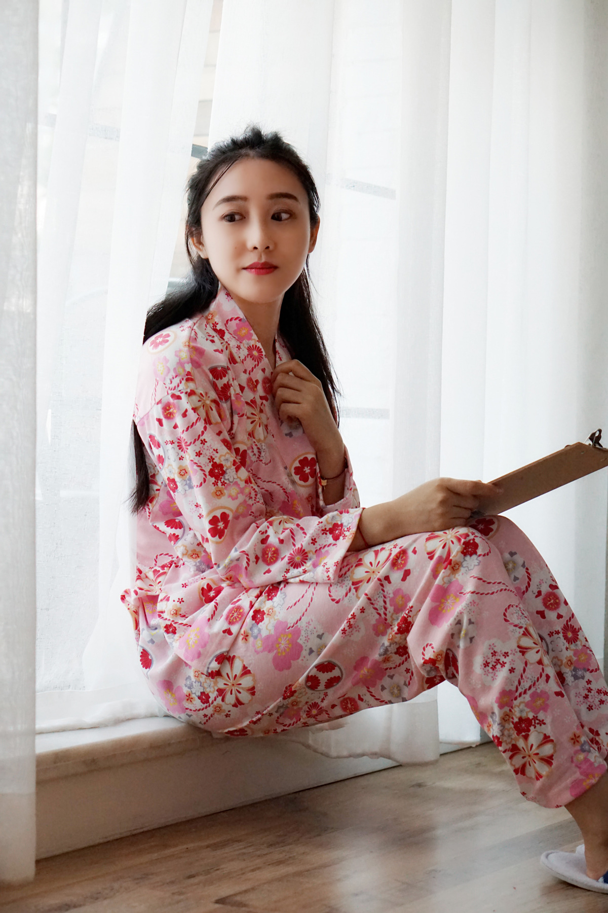 秋季和服日系睡衣 甜美樱花套装 针织棉少女家居服 斜襟绑带套装