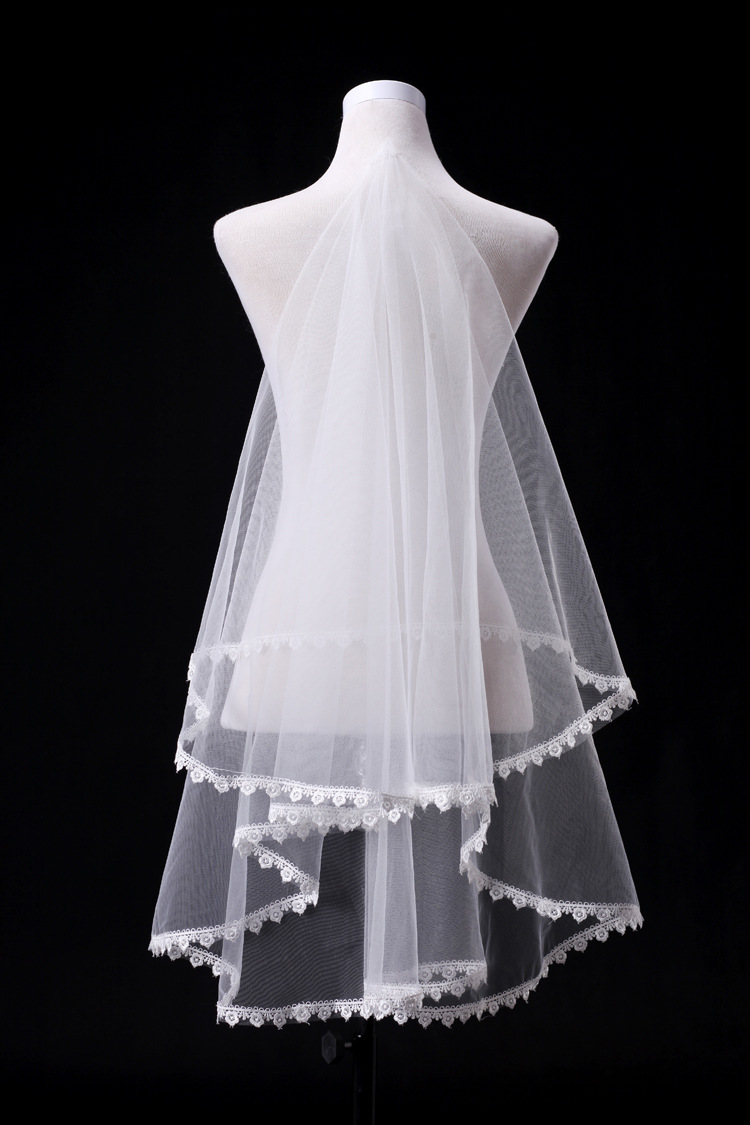 结婚头纱新娘婚纱配饰软头纱新款头纱头巾1.5米长莎蕾丝边花纹