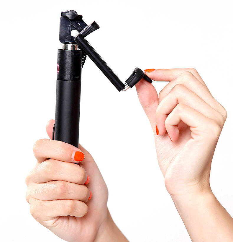 迷你手机自拍杆带线凹槽线控自拍神器带后视镜子折叠远点拍自拍杆