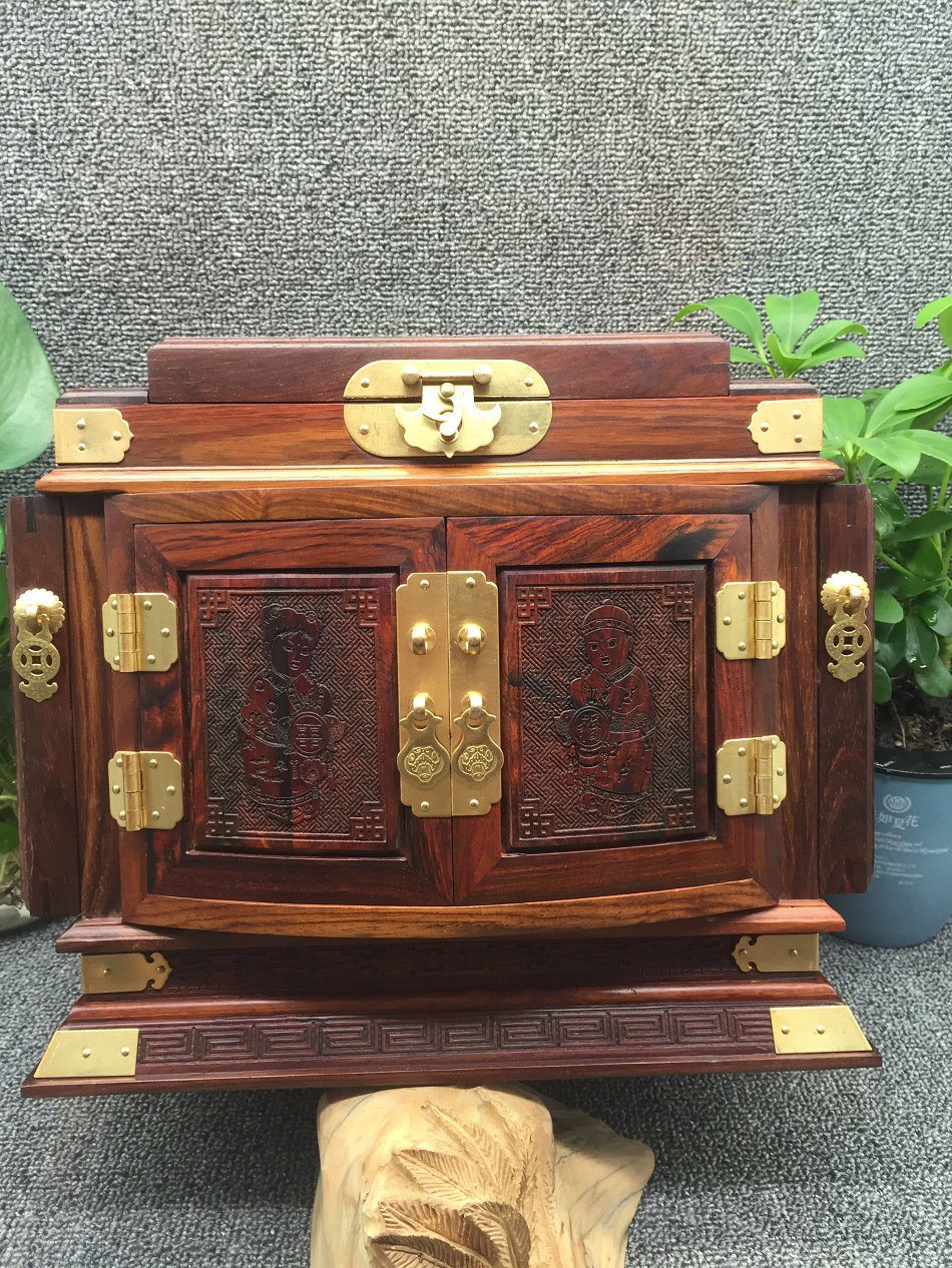 大红酸枝珠宝箱双喜临门木雕镜箱红木家具梳妆首饰盒结婚工艺礼.