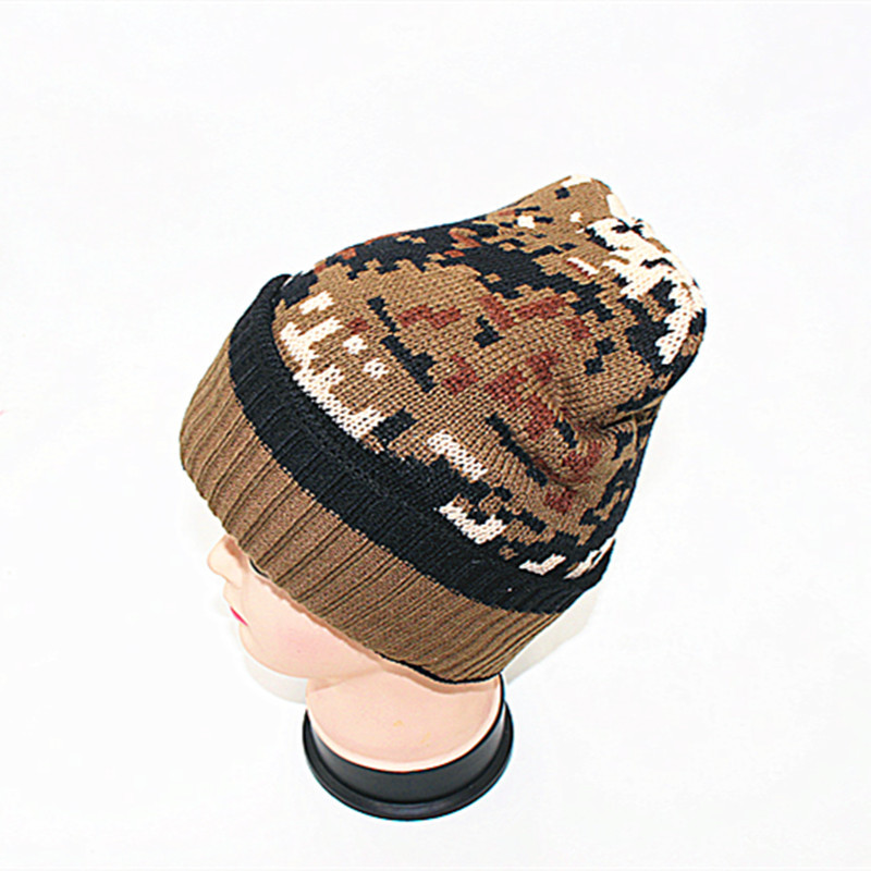 新款迷彩毛线帽 外单加毛绒超厚针织帽 军帽男士毛线帽