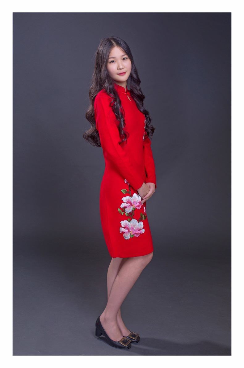 2016秋装新款改良优雅气质收腰民族风针织旗袍 时尚连衣裙中长裙