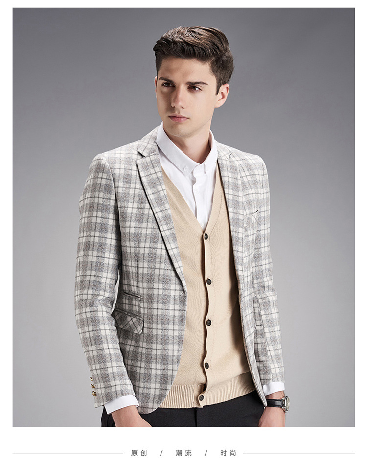 2016秋冬新款男式休闲格子小西服 简约-男式西装