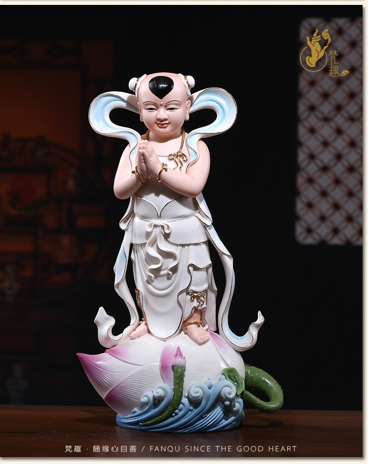 梵趣 善财童子龙女金童玉女 陶瓷观音菩萨佛像对童供奉招财摆件