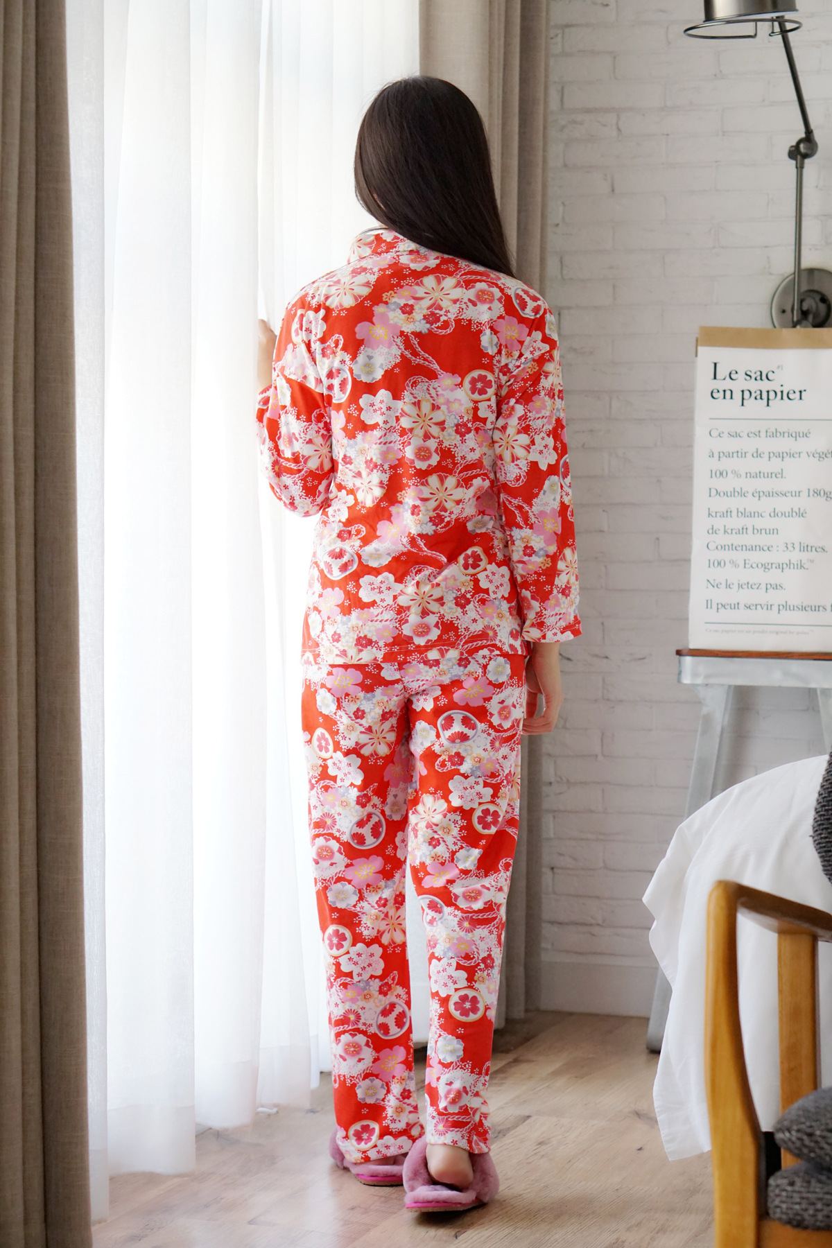 秋季和服日系睡衣 甜美樱花套装 针织棉少女家居服 斜襟绑带套装