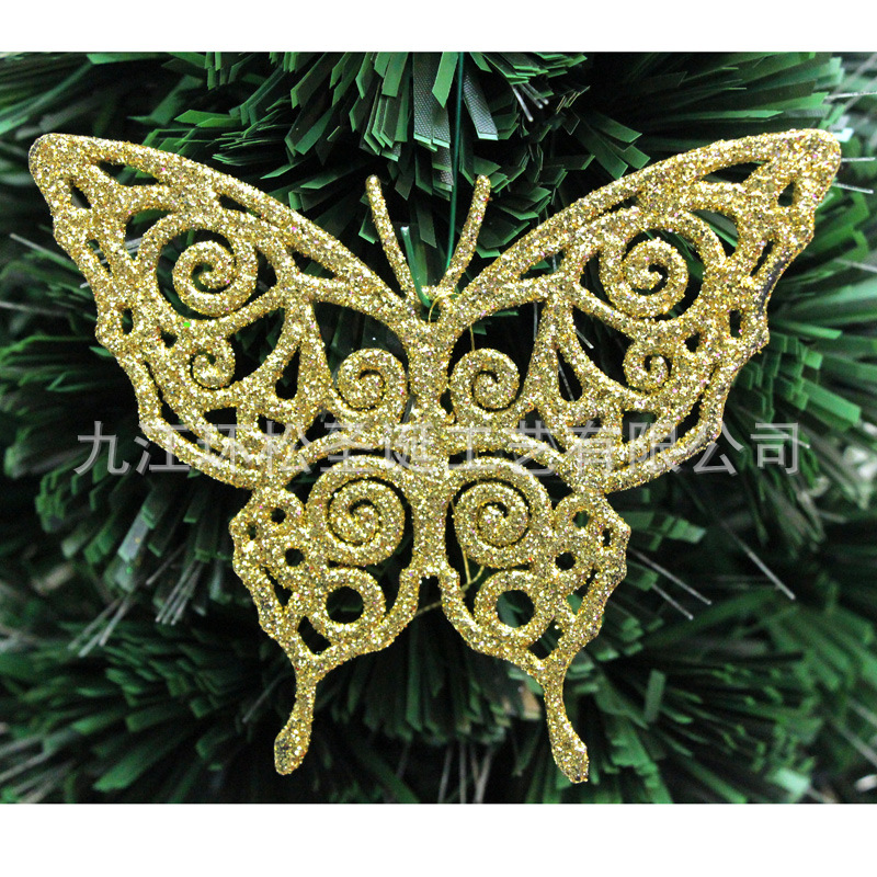 九江环松圣诞工艺有限公司圣诞节装饰品金葱粉12cm蝴蝶圣诞树挂件