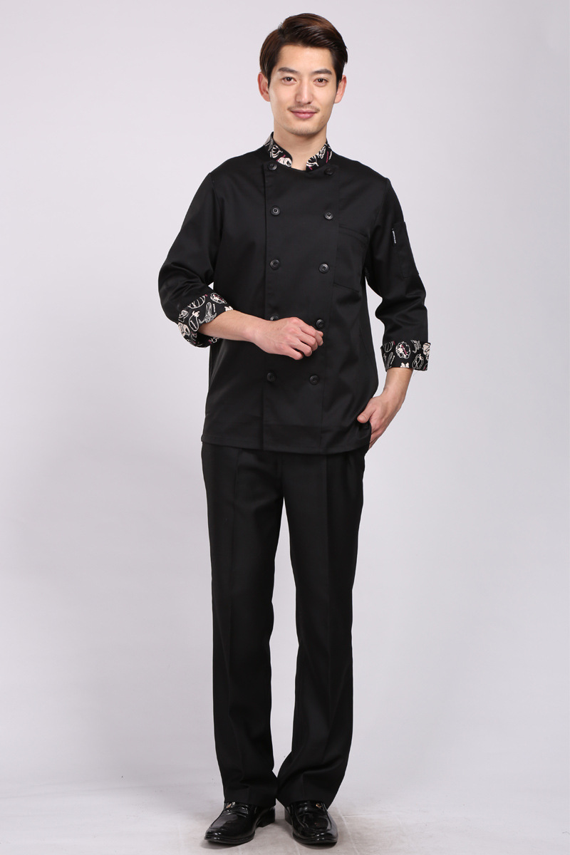 立领印花双排平扣黑色酒店宾馆餐饮制服古斯特高端精品厨师服批发