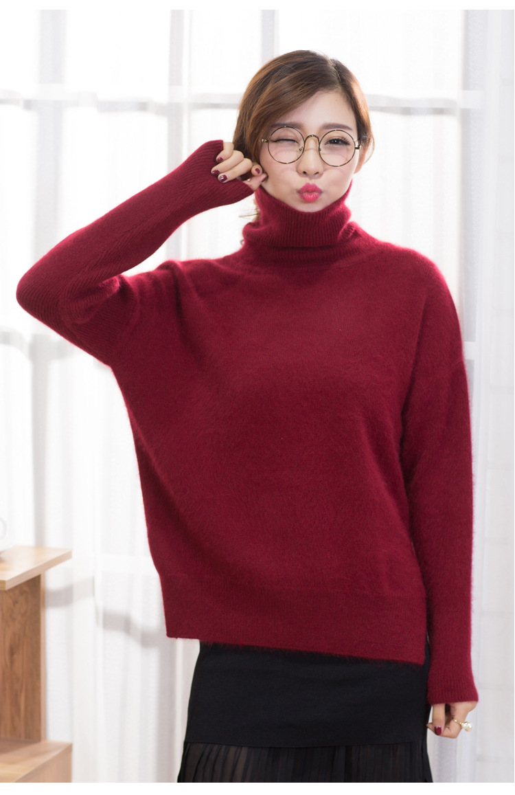 秋冬高领貂绒衫女宽松大毛衣加厚套头开叉女貂绒衫毛衫打底针织衫
