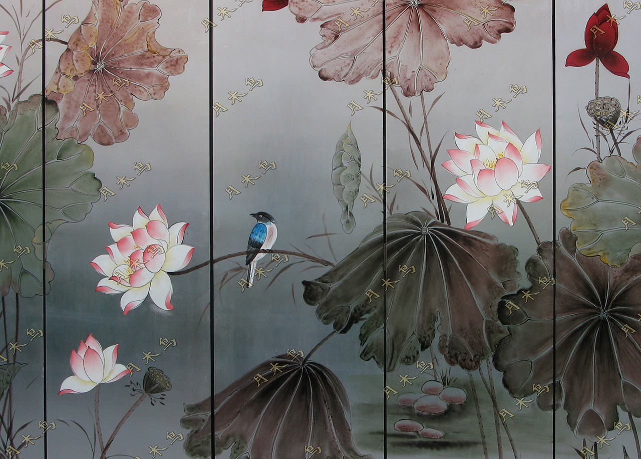 月木鸟中式手绘荷花金银箔工笔写意酒店酒吧客厅隔断折叠屏风