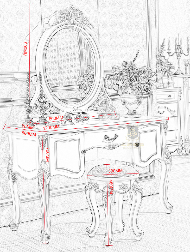 小户型卧室梳妆台实木梳妆台组合白色欧式雕花家具厂家