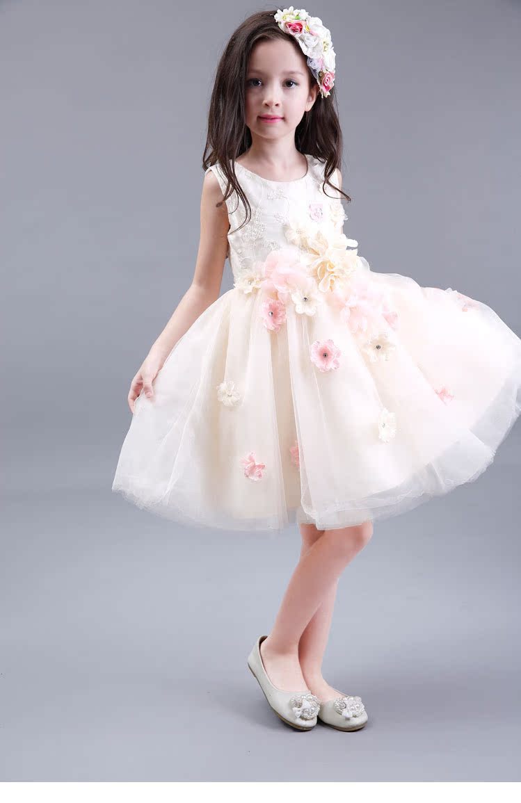 儿童婚纱裙花仙子公主裙秋冬季中大童钢琴表演服无袖连衣裙网纱裙