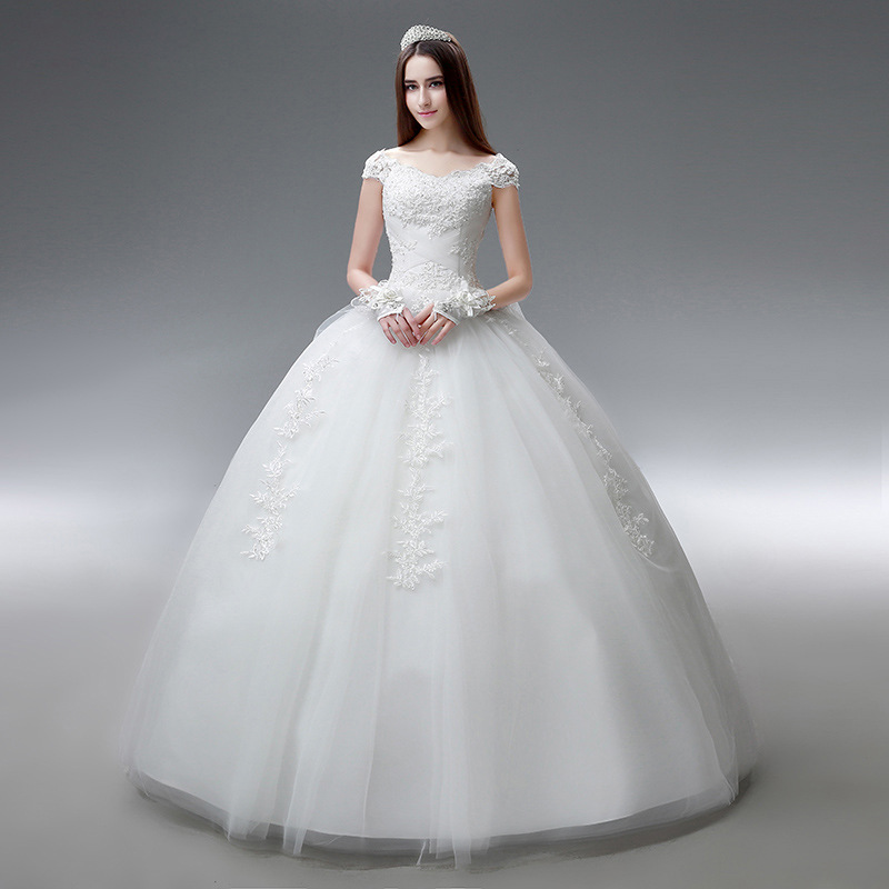 2016秋冬新款包肩蕾丝钻饰白色婚纱礼服优雅包肩齐地旅拍蓬蓬裙女