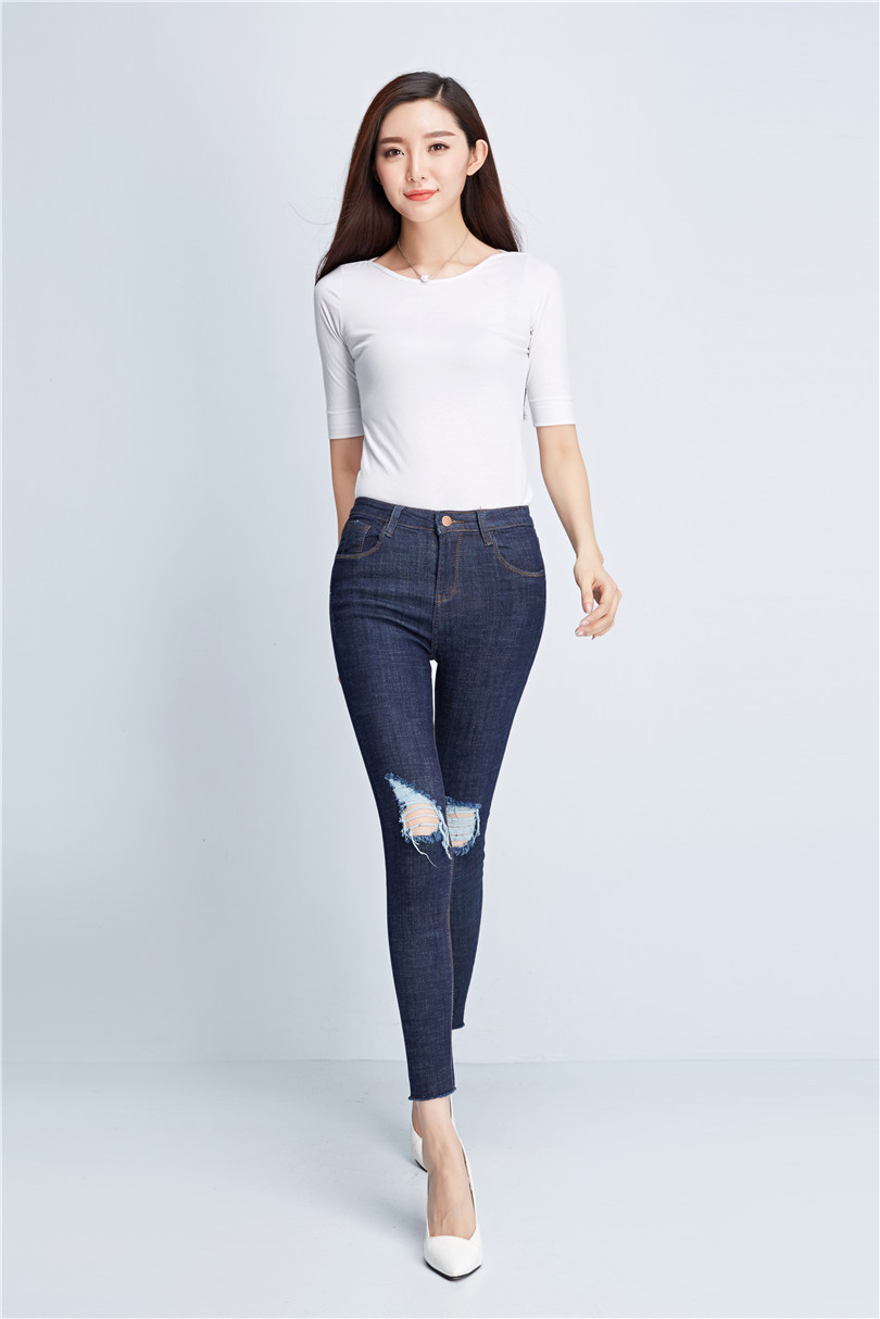 2017春季破洞弹力牛仔裤女 修身显瘦小