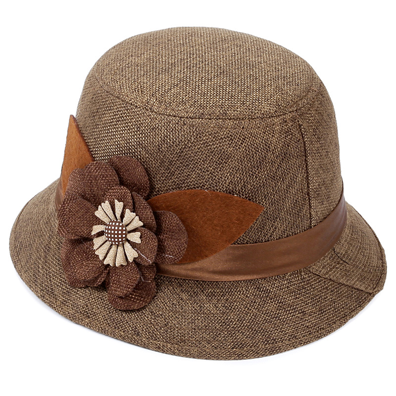 Spring and Autumn Linen Fabric Big Flower Hat Spring and Summer Middle-Aged and Elderly Women's Hat Linen Basin Hat Sun Hat