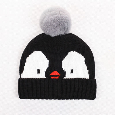 外贸原单 兔毛球新品婴儿秋冬企鹅帽宝宝针织棉卡通帽一件代发