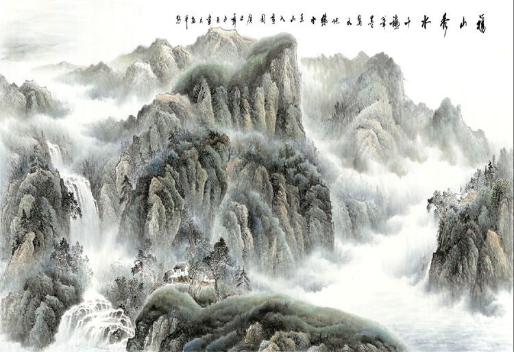 65-213国画字画 覃天山水画 福山秀水 客厅装饰画高仿真画芯批发