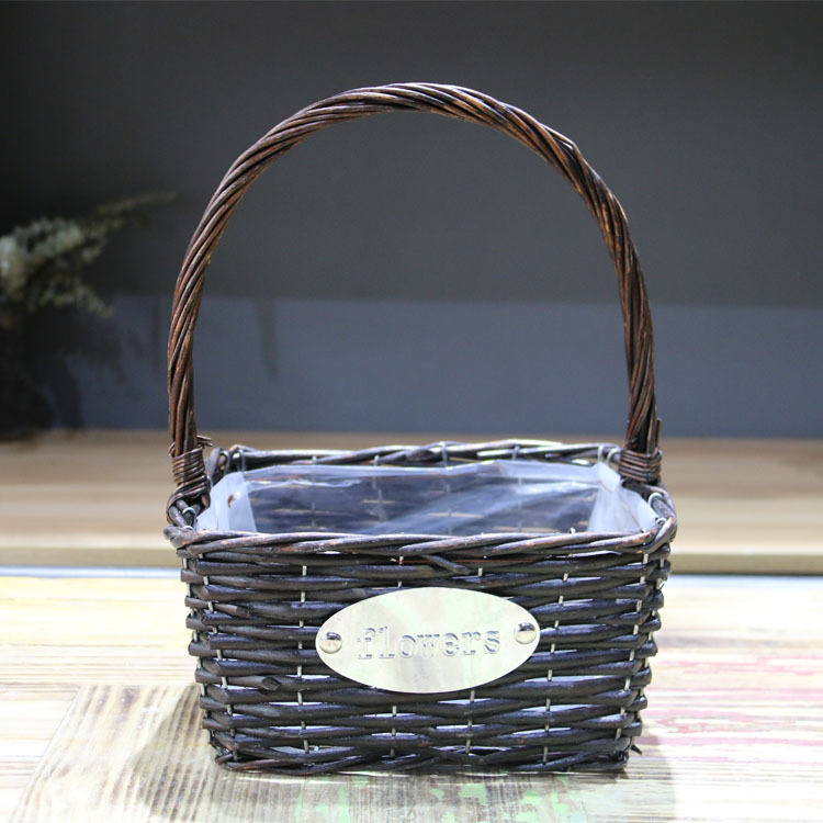 手工竹编藤柳编方形花篮 鲜花手提篮 防水花篮 多肉花盆 装饰摆设