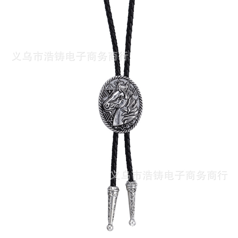 马头波洛牛皮皮绳领带 金属项链bolo tie 夹扣美国西部牛仔领绳