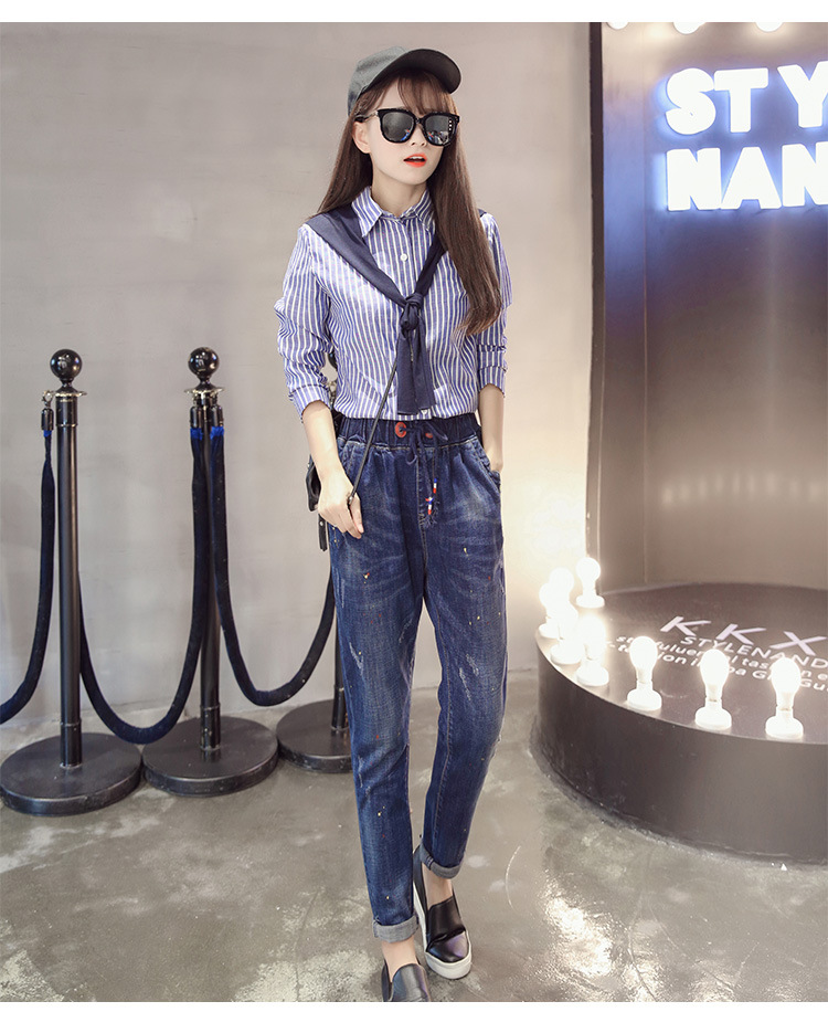 牛仔裤女松紧腰垮裤 水洗高腰显瘦小脚垮裤油漆点装饰弹力九分裤