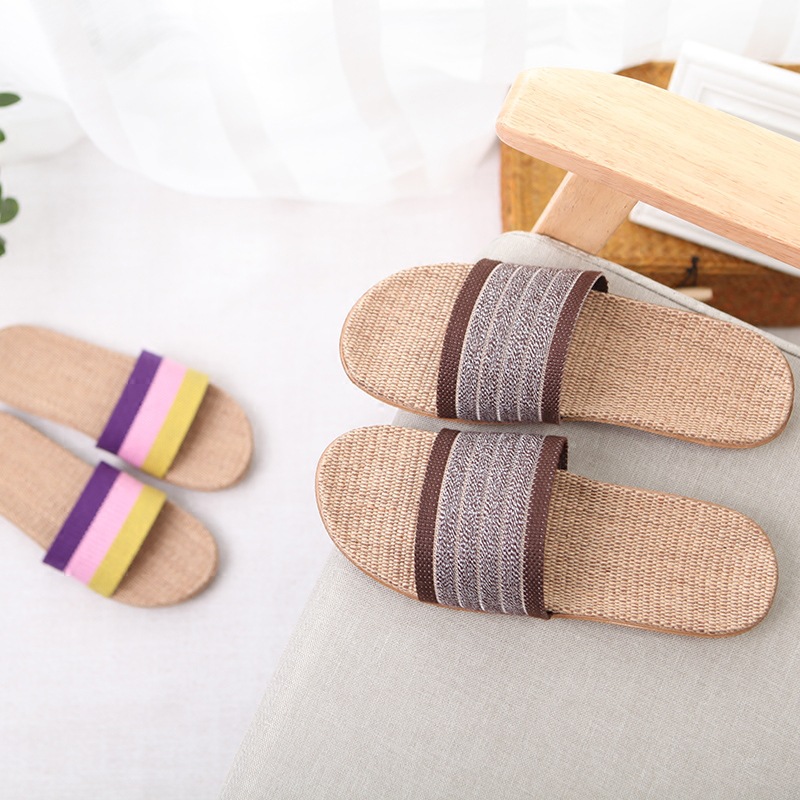 Women's Summer Home Linen Slippers Summer Couple Home Thick Bottom Non-Slip Indoor Floor Sandals Men's Summer