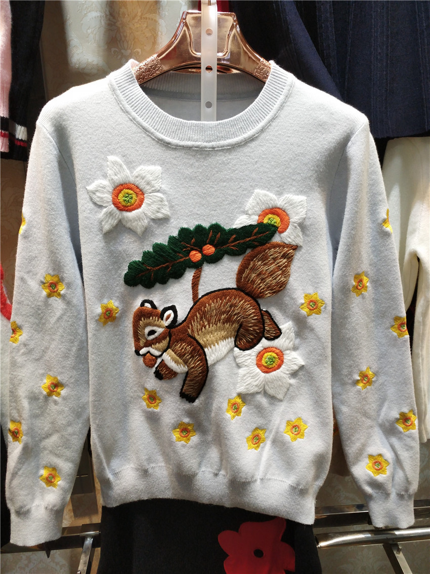 唐艺昕张雨绮同款毛衣 柔软舒适2016秋冬手工绣花松鼠毛.