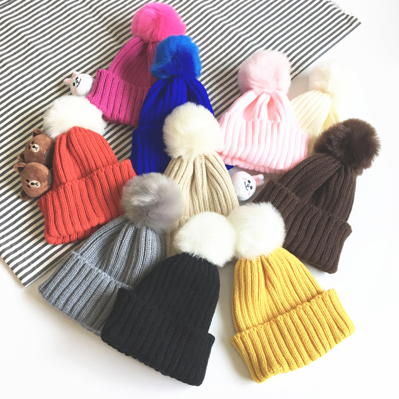 Autumn and Winter Children's Thickened Candy Color Woolen Hats with Woolen Balls Korean Warm Knitted Earflaps Cap Boys and Girls Baby Pullover