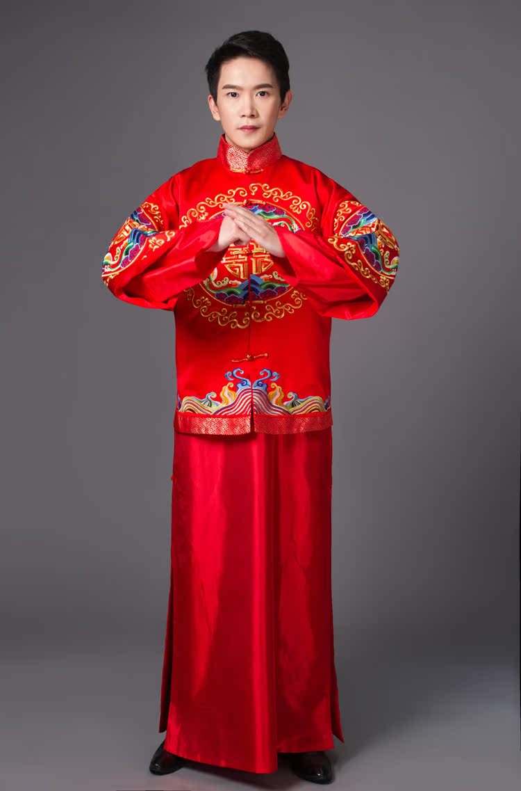 中式结婚喜服蝴蝶男古装秀禾服 结婚礼服红