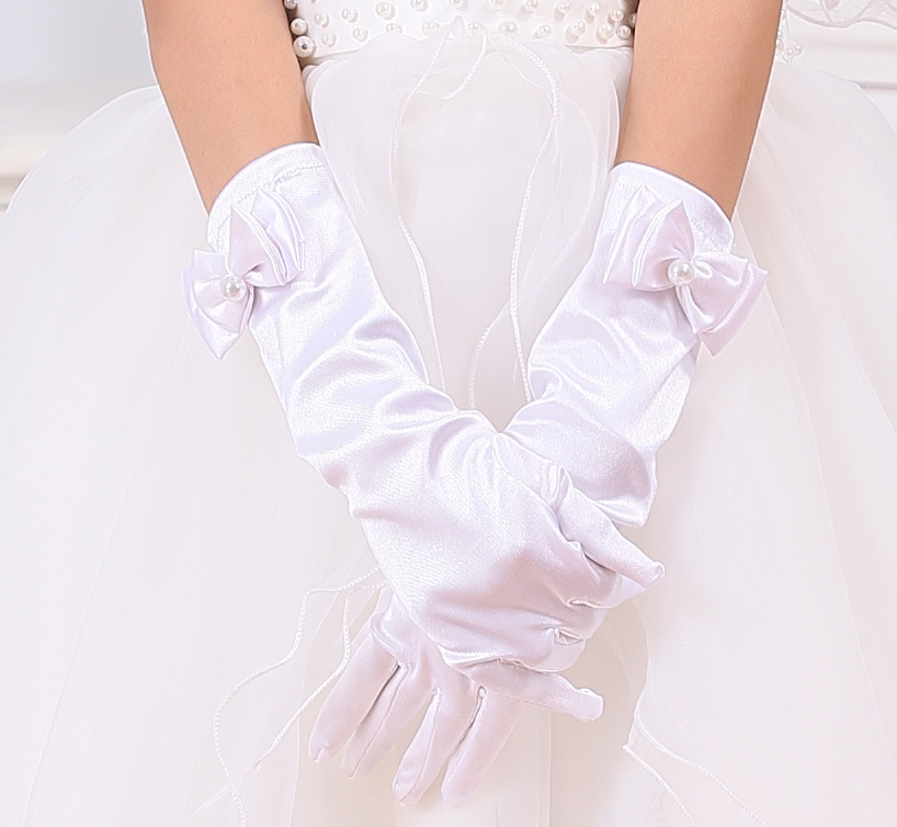 儿童手套 宝宝花童礼服手套白色粉色女童蝴蝶结婚纱手套厂家批发
