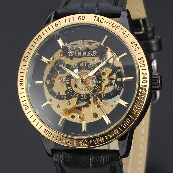 winner三圈自动镂空机械表皮带手表 男士机械商务表外贸货源