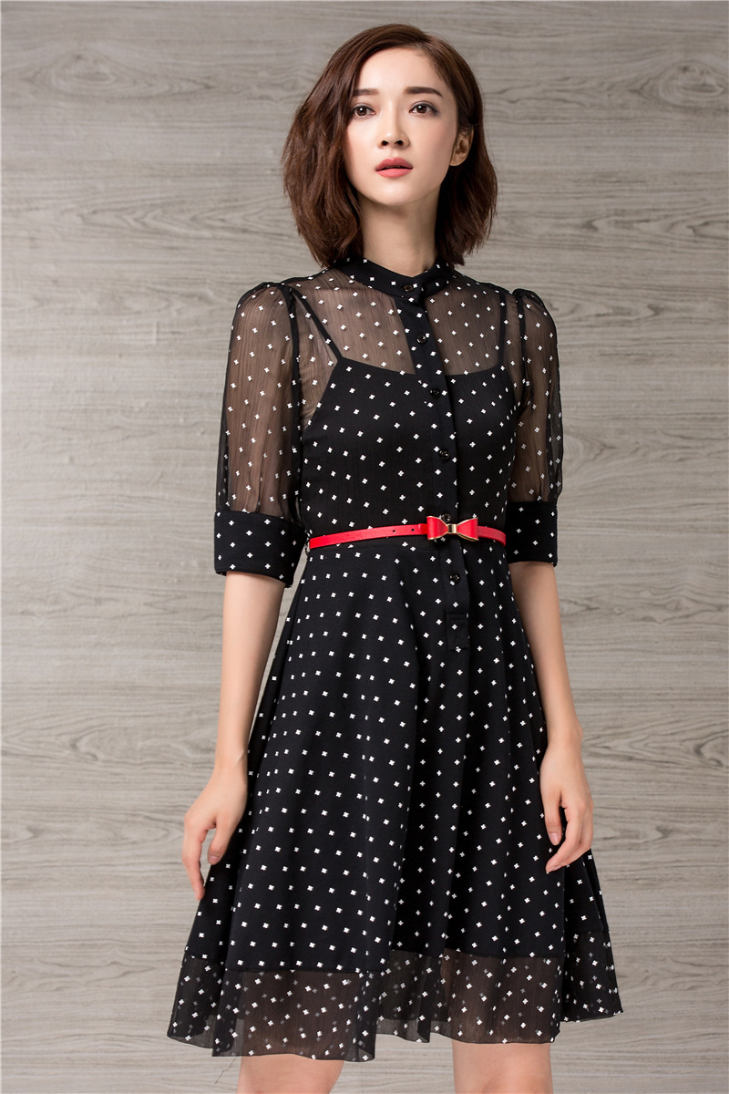 2016夏装新款碎花波点吊带透视性感连衣裙 显瘦荷叶边大摆裙b115