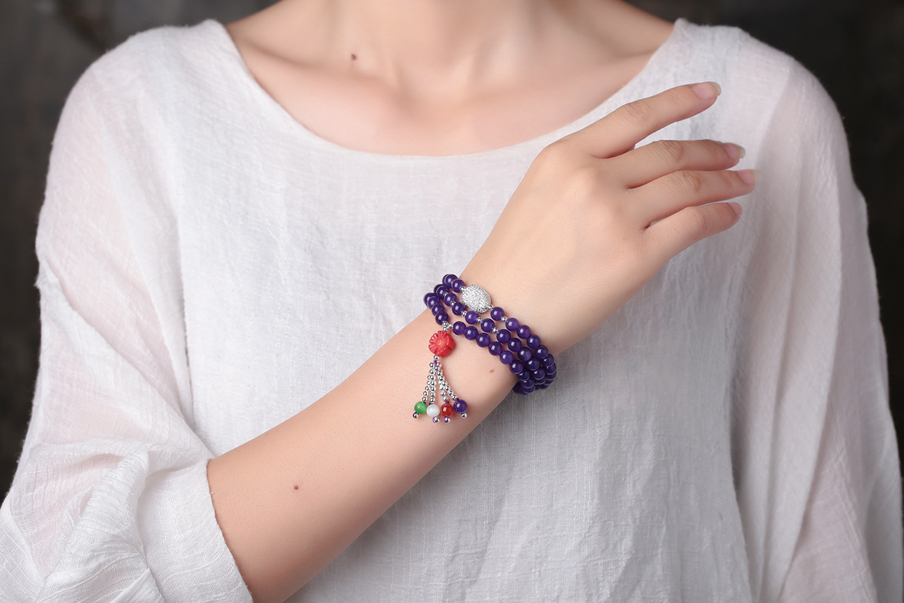 原创 天然水晶紫玉髓手链 珊瑚梅花配925银饰品 时尚手链紫气东来