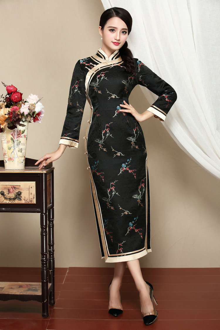 复古唐装织锦缎改良时尚长袖旗袍裙(货号 yk20161030)