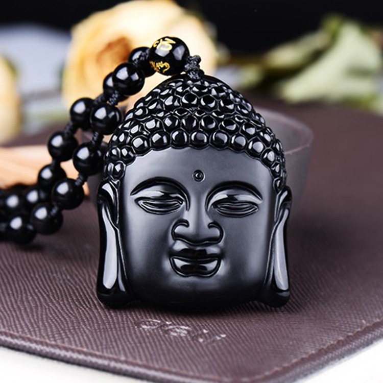 天然黑曜石佛头大日如来吊坠男女款水晶项链情侣饰品毛衣链批