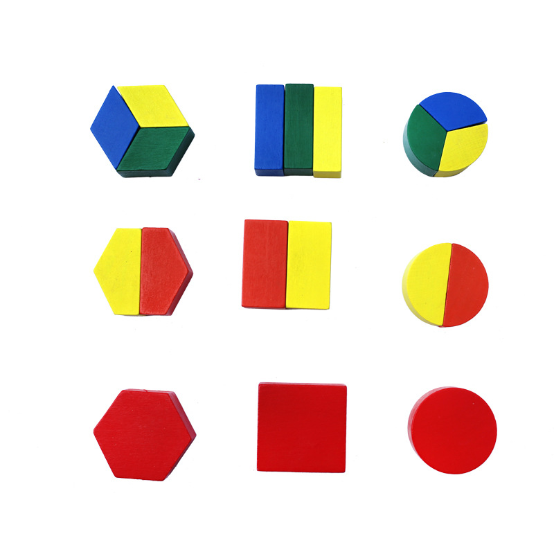 教具构成:1块底板,六棱体,正方体,圆柱体及它们的二等分,三等分积木
