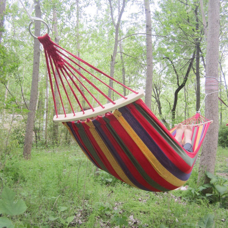 户外帆布吊床弯木棍防侧翻 宿舍秋千户外加厚木棒折叠双人吊床