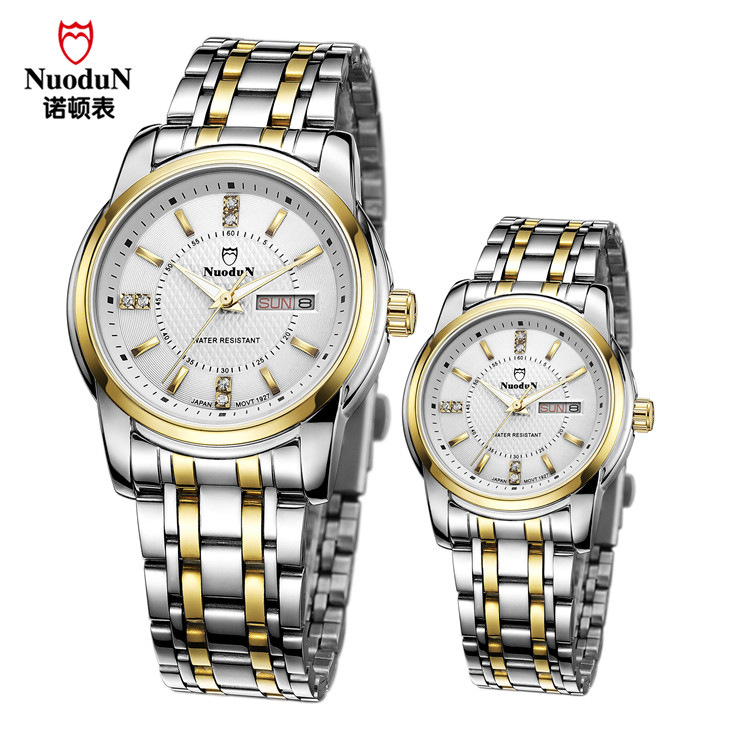 诺顿男士手表石英表防水时装女士手表双日历钢带手表男情侣手表