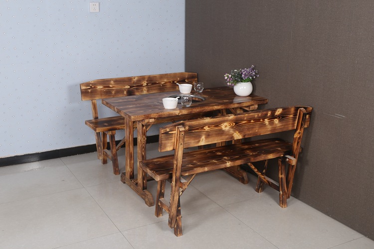 厂家直销 火烧木饭店餐厅火锅餐桌 供应碳化防腐木户外休闲桌.