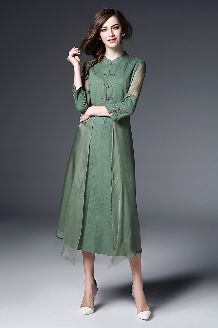 复古真丝不规则裙立领七分袖连衣裙女