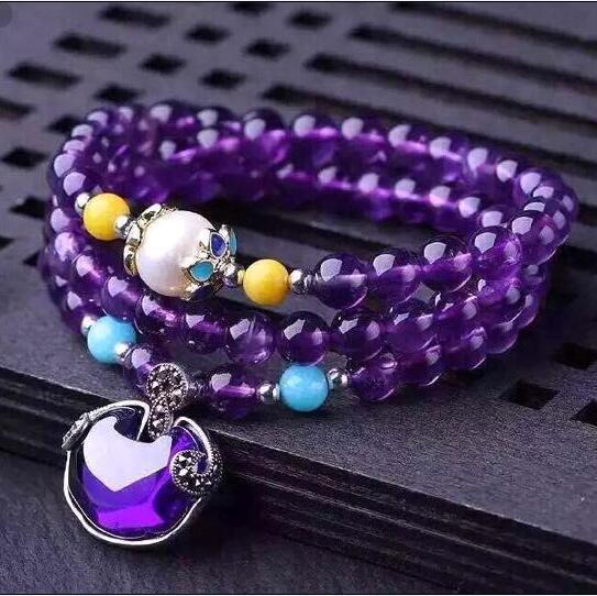 纯天然紫水晶手链 纯银配饰如意吊坠多圈手串 首饰一件代发