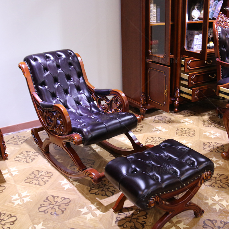 欧式摇椅美式实木雕花真皮摇椅别墅卧室休闲椅老人躺椅子